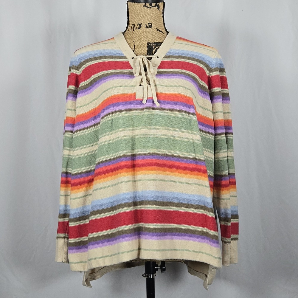 Chaps Denim 2X Multicolor Stripe Lace-Up Cotton Knit Sweater Top